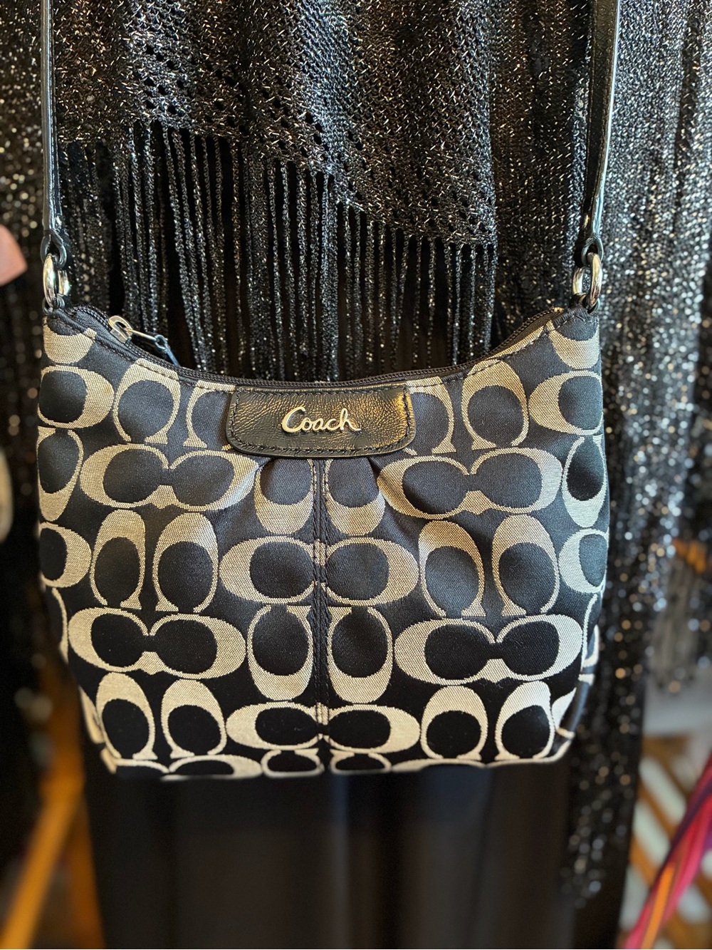 Coach Black and Cream Signature Canvas Shoulder Bag with Logo Plaque